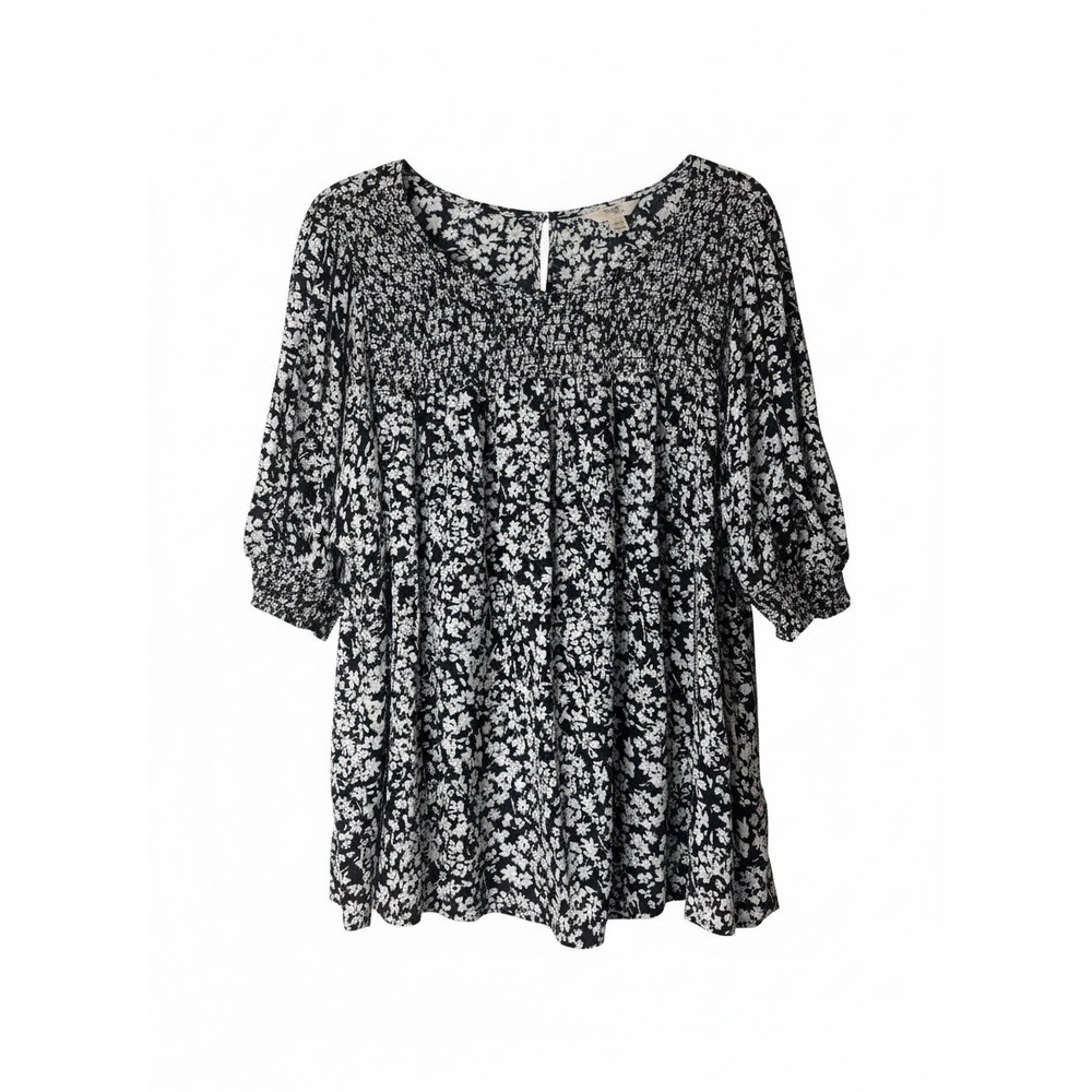 Terra & Sky Womens 2X Black White Floral Smocked Blouse 3/4 Sleeve Top